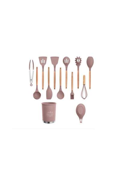 SIKS ® kitchen cooking utensils, 13 pieces, non-stick, silicone with wooden handle, pink/