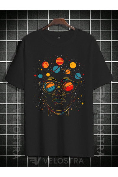 Velostra Imprimare unisex cu planete și siluete supradimensionat tricou