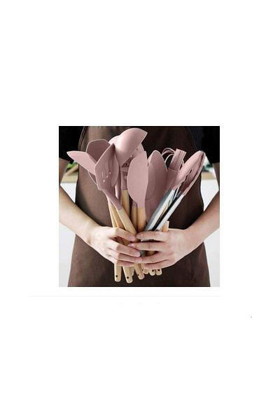 SIKS ® kitchen cooking utensils, 13 pieces, non-stick, silicone with wooden handle, pink/natural