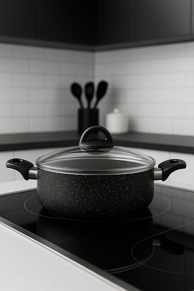 YUNUSOĞLU HOME 24 cm Granite Pot – 5 Liters, Non-Heating Bakelite Handle, Glass Lid, Aluminum Base