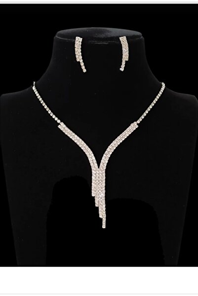 Zanora Abiye kolye küpe set düğün nişan kına gelin seti beyaz Gümüş wertytrew344battal standart