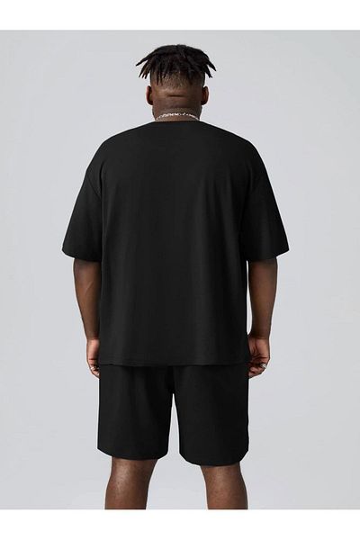 Boi Dareto Explore Bear T-shirt Shorts Combination Suit 2 Piece - Black, Printed, Oversize, Crew Neck