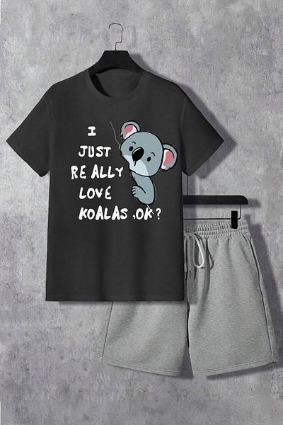 Boi Koala T-Shirt Shorts - Black Gray Shorts T-Shirt Bottom Top Set Printed Crew Neck