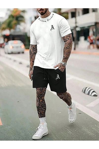 Boi A Logo T-Shirt Shorts - White Black Shorts T-Shirt Bottom Top Set Printed Crew Neck