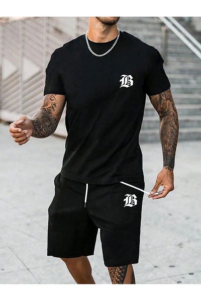 Boi B Logo T-Shirt Shorts - Black Shorts T-Shirt Bottom Top Set Printed Crew Neck