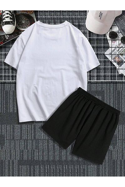 Boi Dragon T-Shirt Shorts - White Black Shorts T-Shirt Bottom Top Set Printed Crew Neck