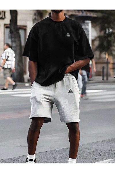 Boi Triangle Ufo Logo T-Shirt Shorts - Black Grey Shorts T-Shirt Bottom Top Set Printed Crew Neck