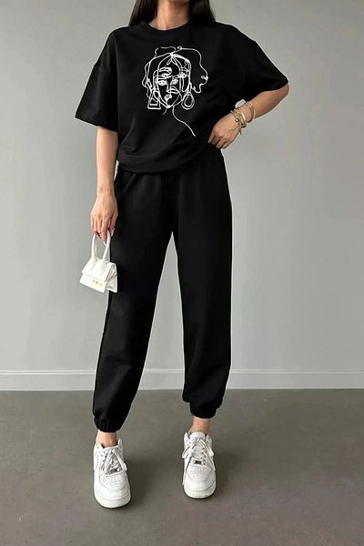 Boi WOMEN'S Printed T-Shirt & Sweatpants Jogger Tracksuit Set Combination