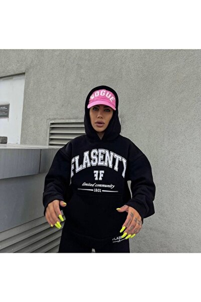 Boi Flasenty FF Tracksuit Set - Black Printed Suit Jogger Sweatshirt Elastic Leg Hooded