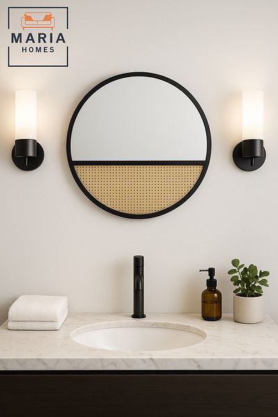 MARIA HOMES Round Wall Mirror 80cm – Black Wood Frame With Rattan Accent