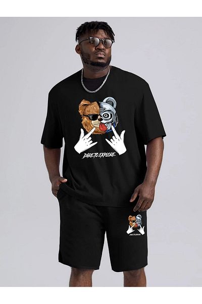 Boi Dareto Explore Bear T-shirt Shorts Combination Suit 2 Piece - Black, Printed, Oversize, Crew Neck
