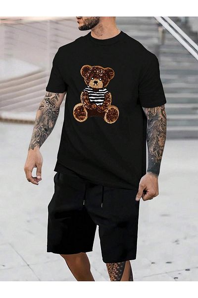 Boi Sad Bear T-Shirt Shorts - Black Shorts T-Shirt Bottom Top Set Printed Crew Neck