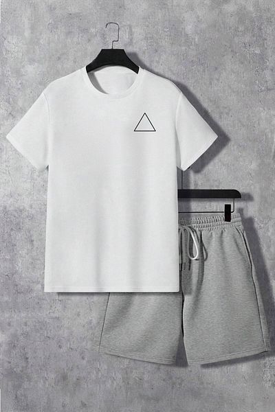 Boi Triangle Logo T-Shirt Shorts - White Gray Shorts T-Shirt Top and Bottom Set Printed Crew Neck