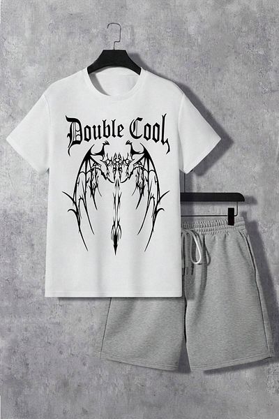 Boi Double Cool Wing T-Shirt Shorts - White Gray Shorts T-Shirt Top and Bottom Set Printed Crew Neck