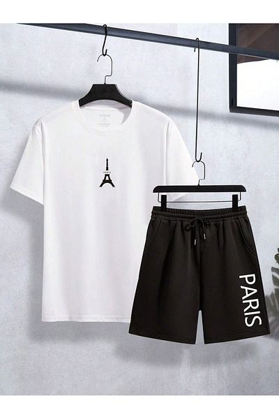 Boi Eiffel Paris T-Shirt Shorts Combination Set - White Black Printed Oversize Crew Neck