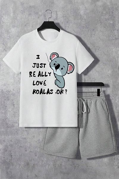 Boi Koala T-Shirt Shorts - White Gray Shorts T-Shirt Top Bottom Set Printed Crew Neck