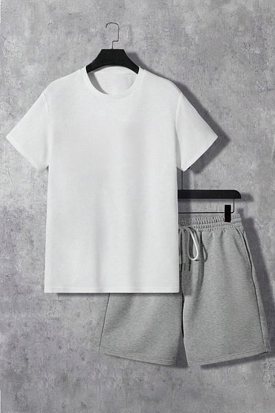 Boi Basic Plain T-Shirt Shorts - White Grey Shorts T-Shirt Bottom Top Set Crew Neck