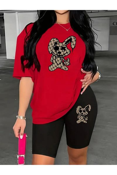 Boi Bottom-Top Rabbit Printed Short Leggings T-Shirt Oversize Loose Boyfriend Set