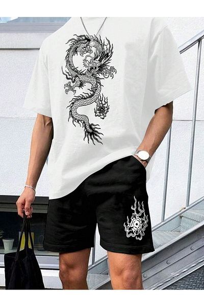 Boi Dragon T-Shirt Shorts - White Black Shorts T-Shirt Bottom Top Set Printed Crew Neck