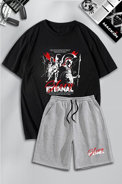 Boi Black Gray Eternal Glory T-Shirt Shorts Combination Suit - Printed Oversize Crew Neck