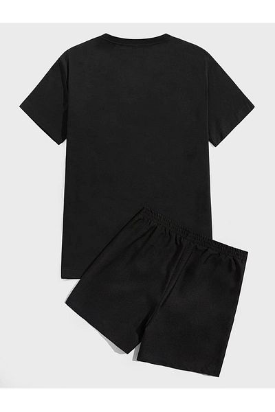 Boi Teddy Bear T-Shirt Shorts Combination Set 2 Pieces - Black Printed Oversize Crew Neck