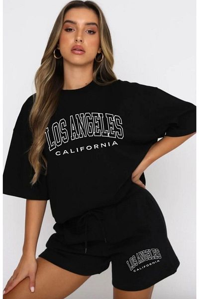 Boi Los Angeles California Lettering T-Shirt Shorts - Black Shorts T-Shirt Bottom Top Set Printed Crew Neck
