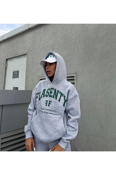 Boi Flasenty FF Tracksuit Set - Gray Printed Suit Jogger Sweatshirt Rubber Leg Hooded