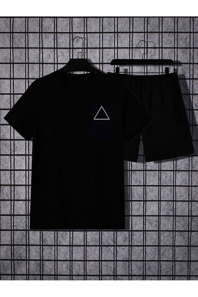 Boi Triangle Logo T-Shirt Shorts - Black Shorts T-Shirt Top and Bottom Set Printed Crew Neck