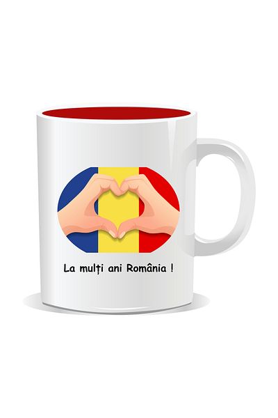 OEM Personalized mug for December 1st, Heart in hands with the Romanian flag - Red interior