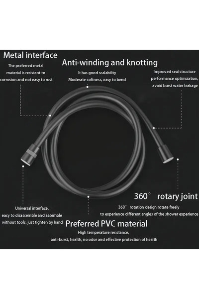 Alper Banyo 150 cm Siyah Yüksek Basınçlı Duş Hortumu – Paslanmaz, PVC, Esnek ...