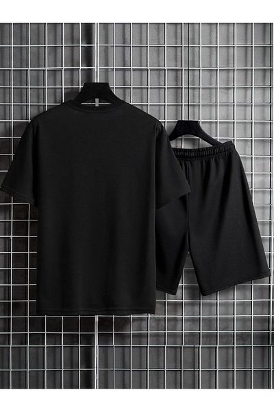 Boi King Text T-Shirt Shorts Combination Set - Black Printed Oversize Crew Neck