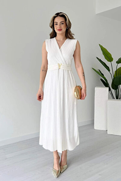 KauFurn Kruvaze Yaka Bel Aksesuarlı Piliseli Midi Elbise