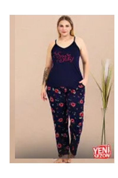 Lady Plus Size Navy Blue Floral Pattern Pajamas Thin Strap Top Pajama Set 11019