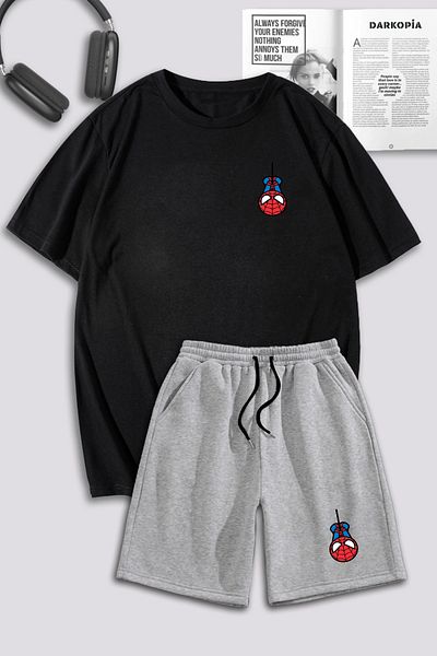 Boi Black Gray Mini Spider T-Shirt Shorts Combination Set - Printed Oversize Crew Neck