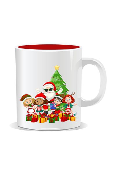 OEM Personalized Christmas mug, Santa Claus with children near the tree - Red interior