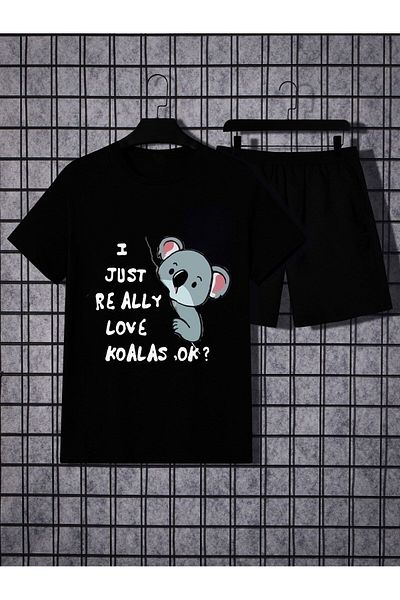 Boi Koala T-Shirt Shorts - Black Shorts T-Shirt Bottom Top Set Printed Crew Neck