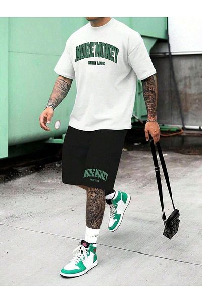 Boi More Money T-Shirt Shorts - White with Black Shorts T-Shirt Top and Bottom Set Printed Crew Neck