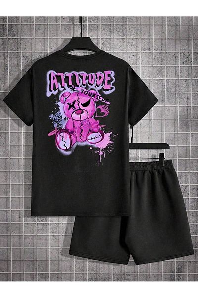 Boi Attitude Bear T-Shirt Shorts - Black Shorts T-Shirt Bottom Top Set Printed Crew Neck