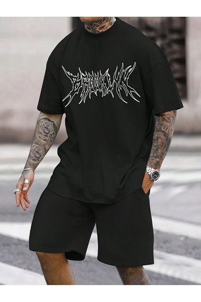 Boi Mixed Pattern T-Shirt Shorts - Black Shorts T-Shirt Bottom Top Set Printed Crew Neck
