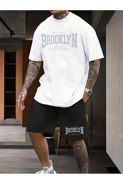 Boi Brooklyn Lettering Design T-Shirt Shorts - White with Black Shorts T-Shirt Bottom Top Set Printed Crew Neck