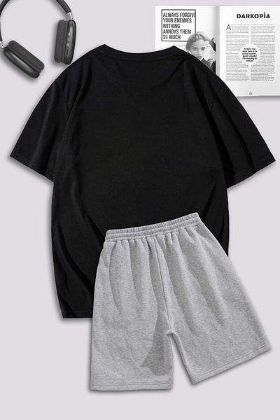 Boi Black Gray Eternal Glory T-Shirt Shorts Combination Suit - Printed Oversize Crew Neck