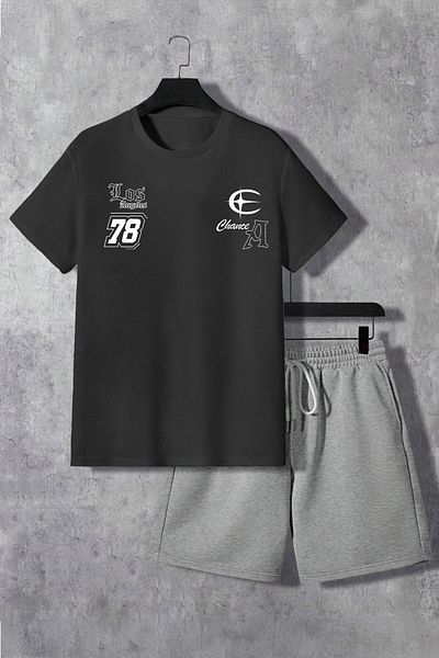 Boi Los Angeles a 78 T-Shirt Shorts - Black Grey Shorts T-Shirt Bottom Top Set Printed Crew Neck