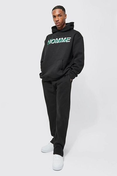 Boi Homme Tracksuit Set - Black Printed Suit Jogger Sweatshirt Flare Leg Hooded