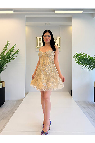 BDM Exclusive Straplez Taş İşlemeli Kısa Abiye Elbise