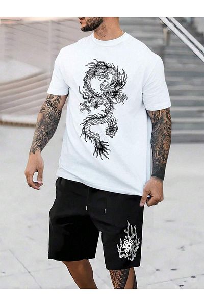 Boi Dragon Pattern T-Shirt Shorts - White with Black Shorts T-Shirt Top and Bottom Set Printed Crew Neck