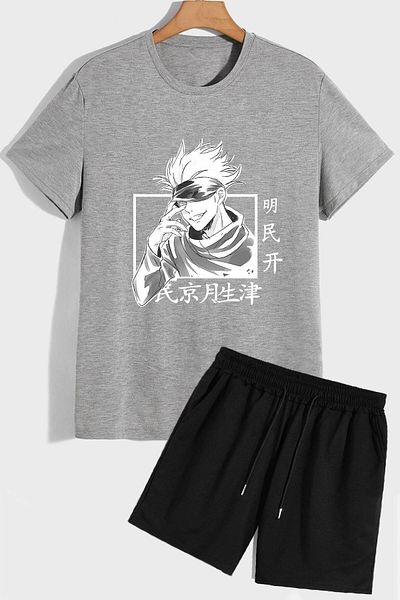 Boi Gray Black Anime Jujutsu T-Shirt Shorts Combination Suit - Printed Oversize Crew Neck