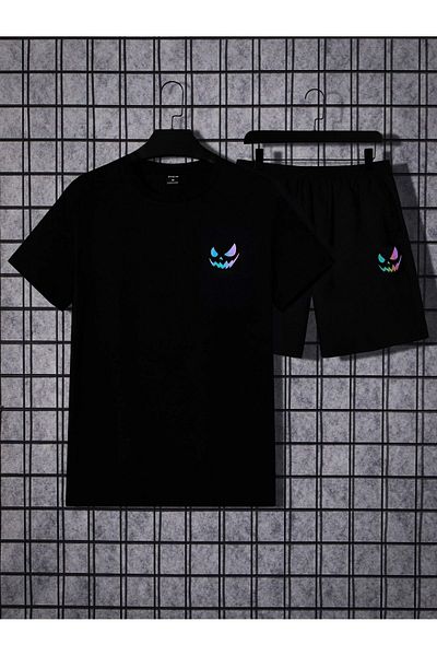 Boi Colorful Face T-Shirt Shorts Combination Set - Black Printed Oversize Crew Neck