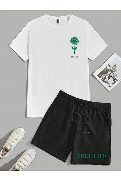 Boi Free Life T-Shirt Shorts - White Black Shorts T-Shirt Bottom Top Set Printed Crew Neck