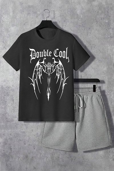 Boi Double Cool Wing T-Shirt Shorts - Black Gray Shorts T-Shirt Bottom Top Set Printed Crew Neck