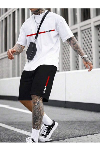 Boi Line Boston T-Shirt Shorts - White with Black Shorts T-Shirt Top and Bottom Set Printed Crew Neck